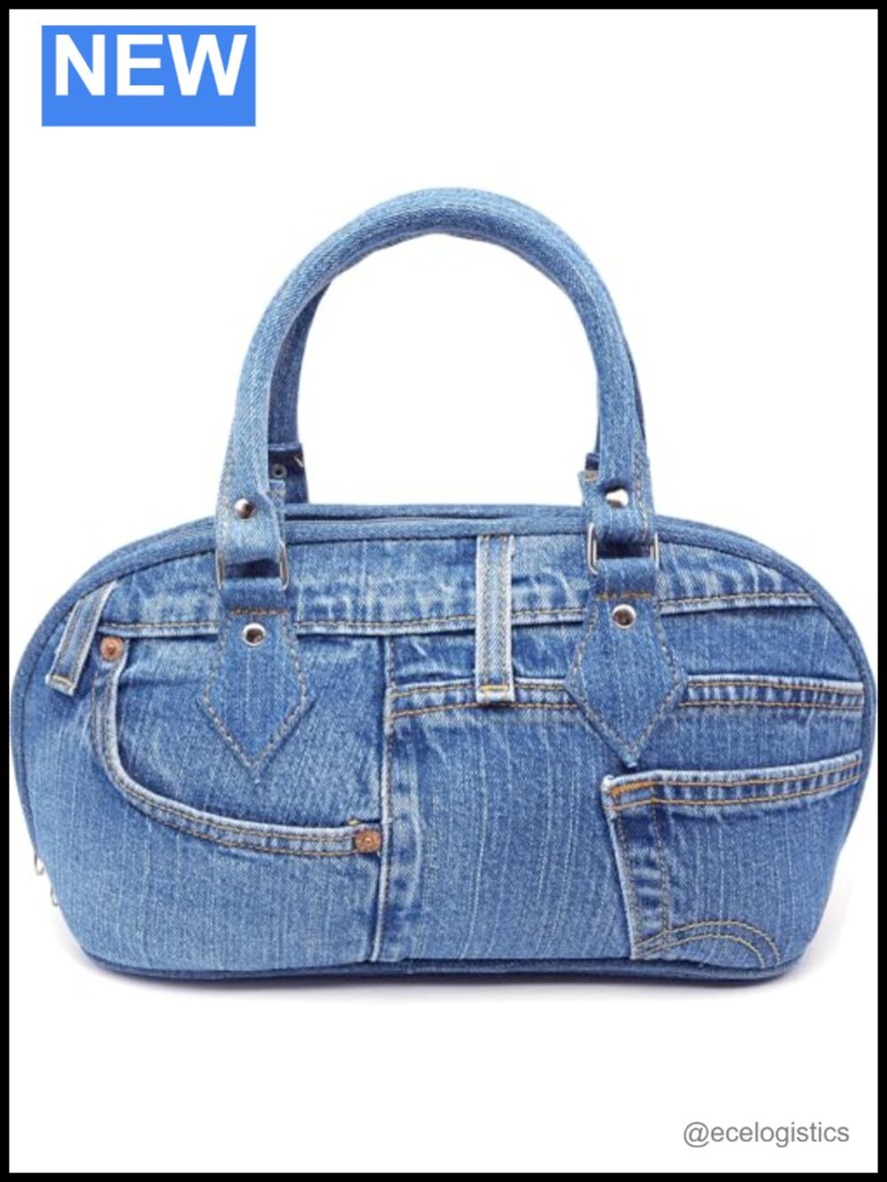 Upcycled Denim Satchel Handbag Top Handle Purse Curved Zipper